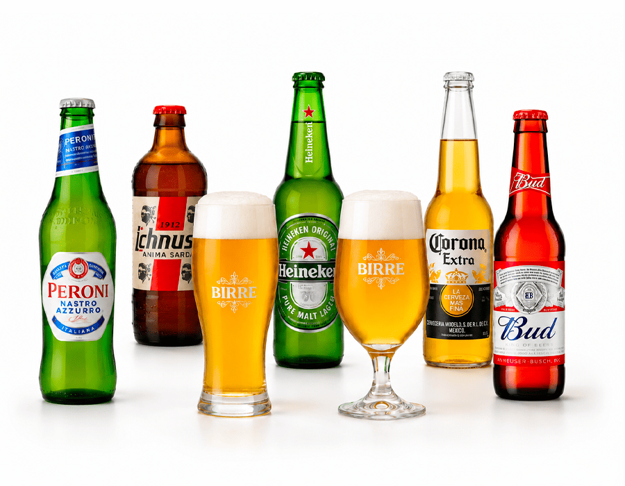 Selezione di birre Peroni, Ichnusa, Heineken, Corona e Bud con due bicchieri di birra.